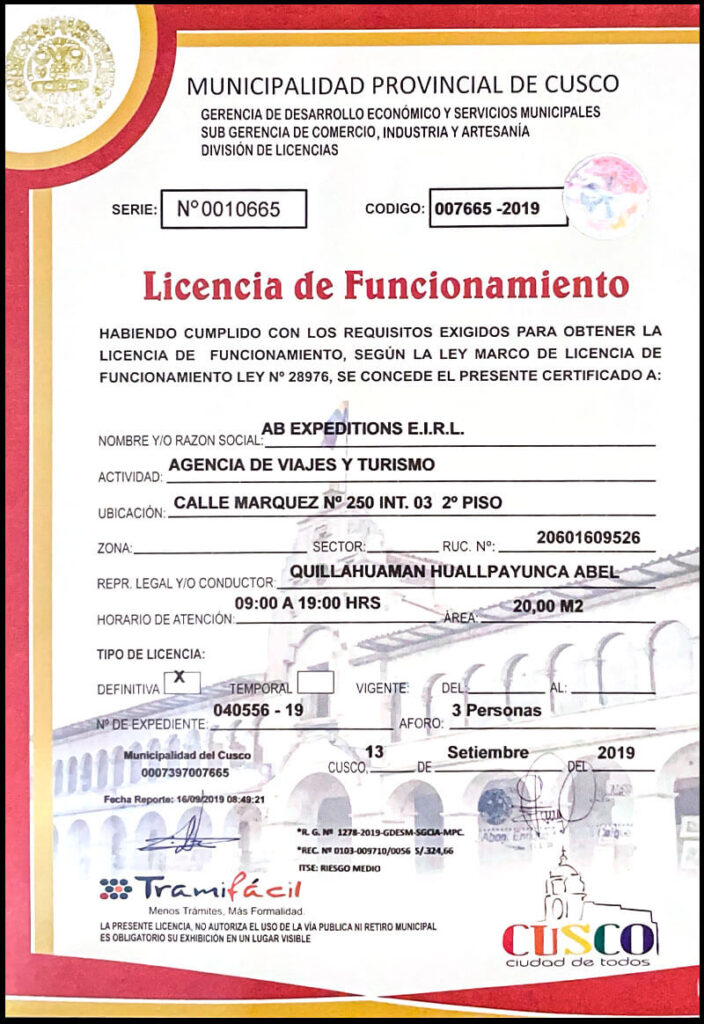 licencia de funcionamiento de AB Expeditions