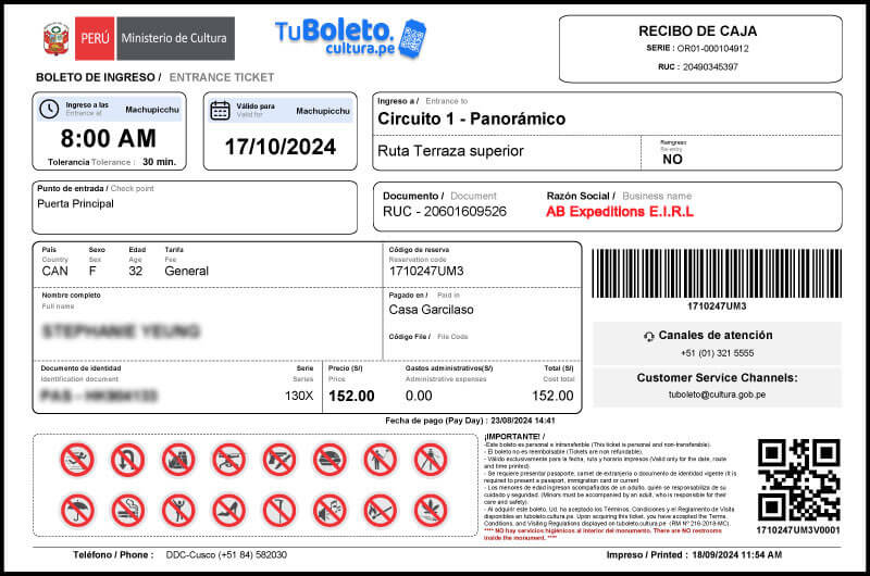 Machu Picchu Admission Ticket Example